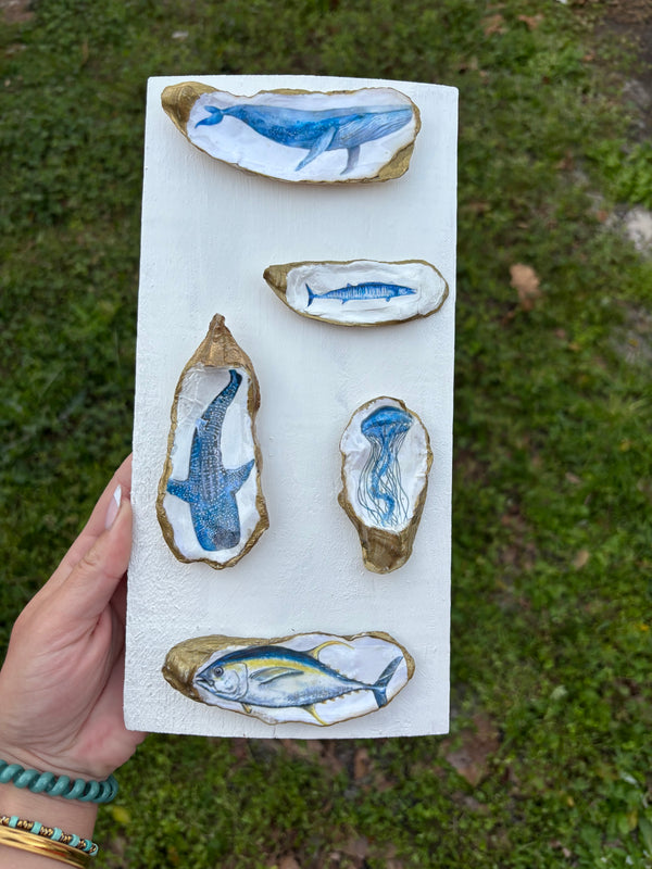 Handmade Coastal Oyster Shell Wall Art | Blue Sea Life Decor | Whale, Fish & Jellyfish | Beach Cotta